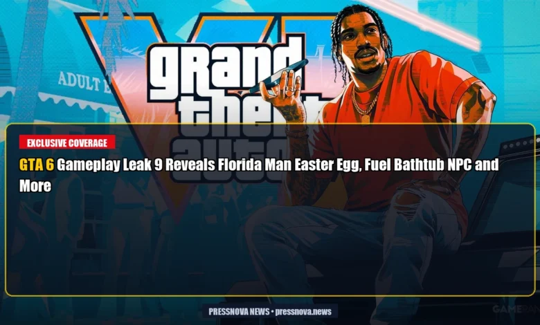 GTA 6 gameplay leak 9 shows Jason at a gas station with a pickup truck and bathtub fuel NPC in the Florida-inspired open world