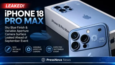 Leaked iPhone 18 Pro Max packaging showing Sky Blue titanium finish and variable aperture camera artwork
