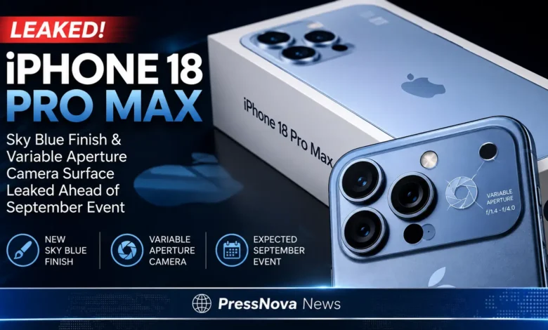 Leaked iPhone 18 Pro Max packaging showing Sky Blue titanium finish and variable aperture camera artwork