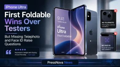 iPhone Ultra foldable device shown in both folded and unfolded positions highlighting the hinge mechanism