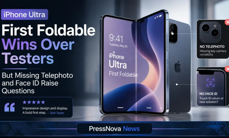 iPhone Ultra foldable device shown in both folded and unfolded positions highlighting the hinge mechanism