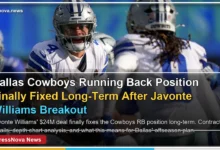 Javonte Williams breaking a tackle for the Dallas Cowboys during a 2025 home game at AT&T Stadium