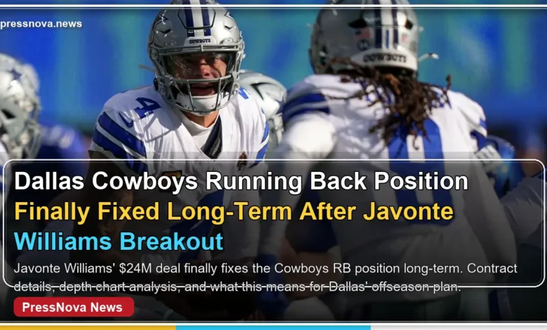 Javonte Williams breaking a tackle for the Dallas Cowboys during a 2025 home game at AT&T Stadium