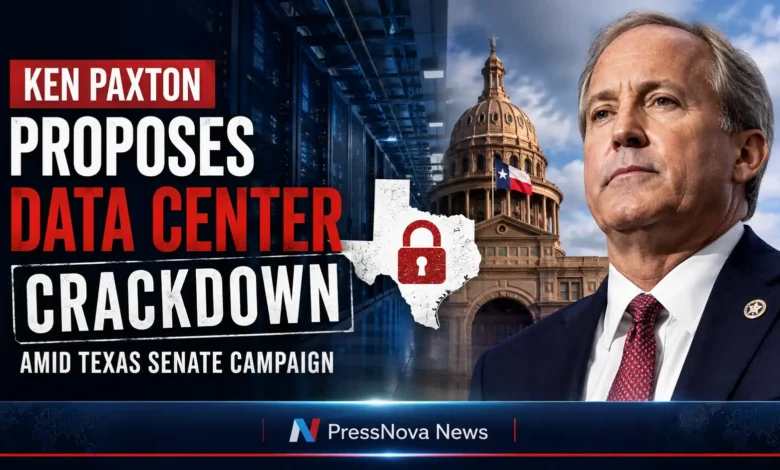Texas Attorney General Ken Paxton speaking at a campaign event, announcing data center crackdown plan