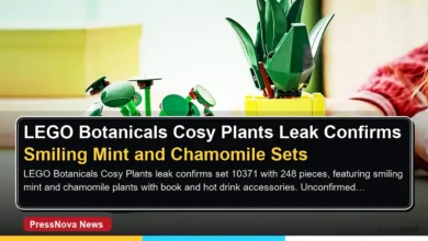 Unofficial LEGO Botanicals Cosy Plants 10371 leaked promotional image showing smiling mint plant reading a book and chamomile plant drinking a hot beverage