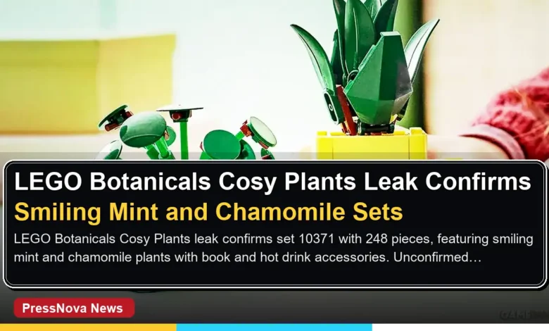 Unofficial LEGO Botanicals Cosy Plants 10371 leaked promotional image showing smiling mint plant reading a book and chamomile plant drinking a hot beverage