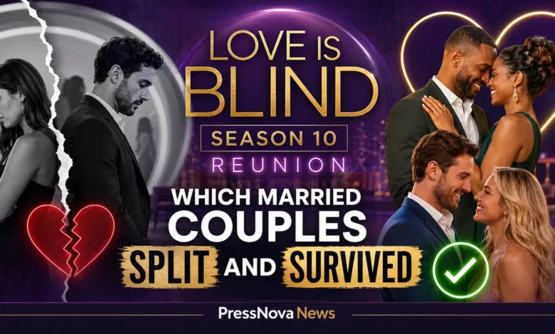 Love is Blind Season 10 reunion cast with hosts Nick and Vanessa Lachey on stage