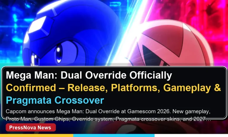 Mega Man Dual Override key art with Mega Man and Proto Man standing back-to-back in a neon cityscape