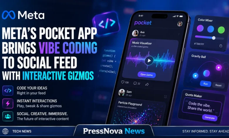 Meta Pocket app interface showcasing interactive gizmos and vibe coding creation on mobile screen