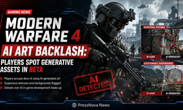 Modern Warfare 4 multiplayer map showcasing environmental artwork and posters scrutinized for suspected AI generation