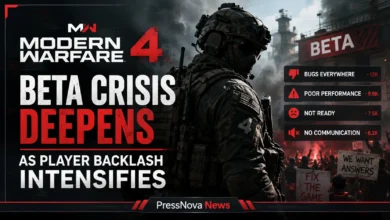 Modern Warfare 4 beta gameplay showing soldiers in urban combat with negative Steam review overlay