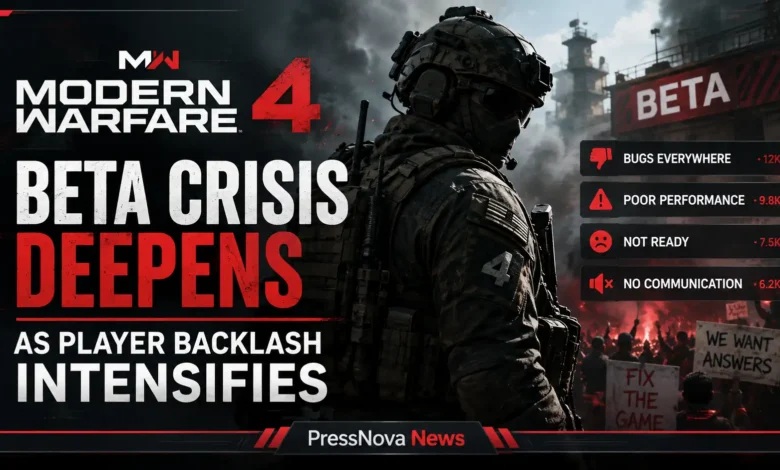 Modern Warfare 4 beta gameplay showing soldiers in urban combat with negative Steam review overlay