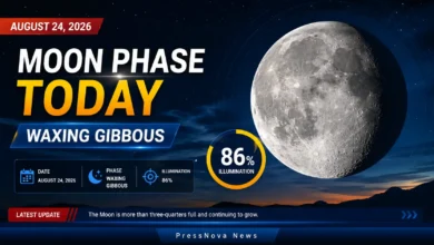 Moon phase today August 24 2026 showing Waxing Gibbous at 86 percent illumination