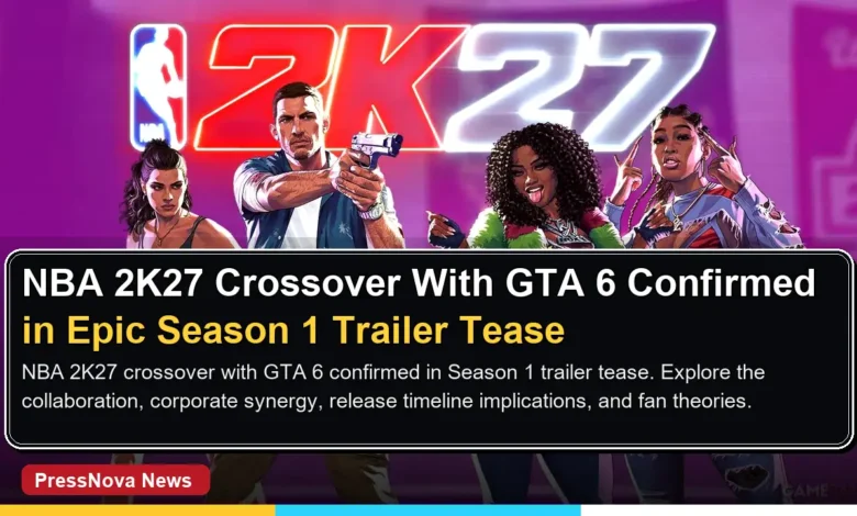 NBA 2K27 crossover with GTA 6 teaser showing arcade cabinets and palm tree graphic from Season 1 trailer