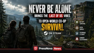 Never Be Alone gameplay screenshot showing a player aiming a rifle in a post-apocalyptic forest with ruined city skyline in the background