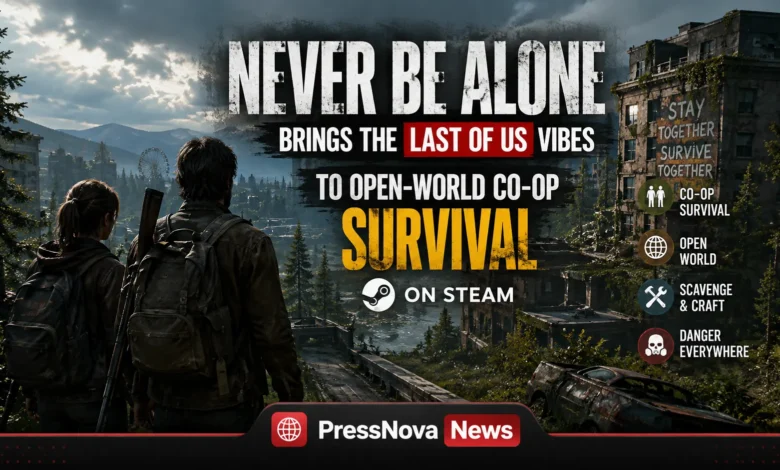 Never Be Alone gameplay screenshot showing a player aiming a rifle in a post-apocalyptic forest with ruined city skyline in the background