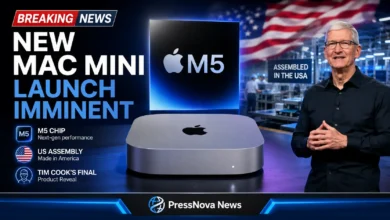 New Mac mini with M5 chip on desk showing compact design and Apple silicon branding