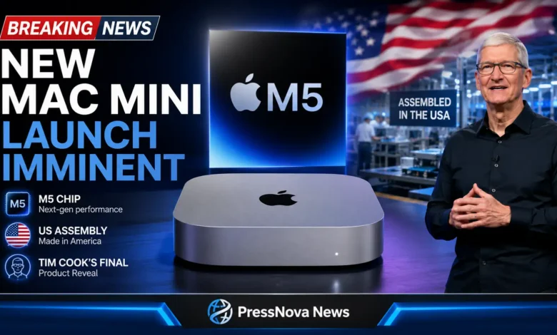 New Mac mini with M5 chip on desk showing compact design and Apple silicon branding