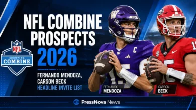 NFL Combine prospects 2026 quarterbacks Fernando Mendoza and Carson Beck on field at Lucas Oil Stadium Indianapolis