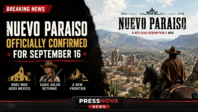 Nuevo Paraiso RDR2 mod Mexico landscape with rider on horseback overlooking desert frontier at sunset