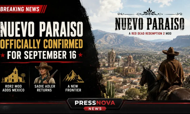 Nuevo Paraiso RDR2 mod Mexico landscape with rider on horseback overlooking desert frontier at sunset