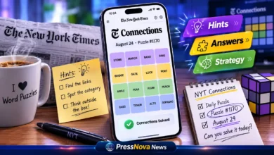 NYT Connections puzzle interface showing word grid with 16 words and color-coded categories for August 24 puzzle #1170