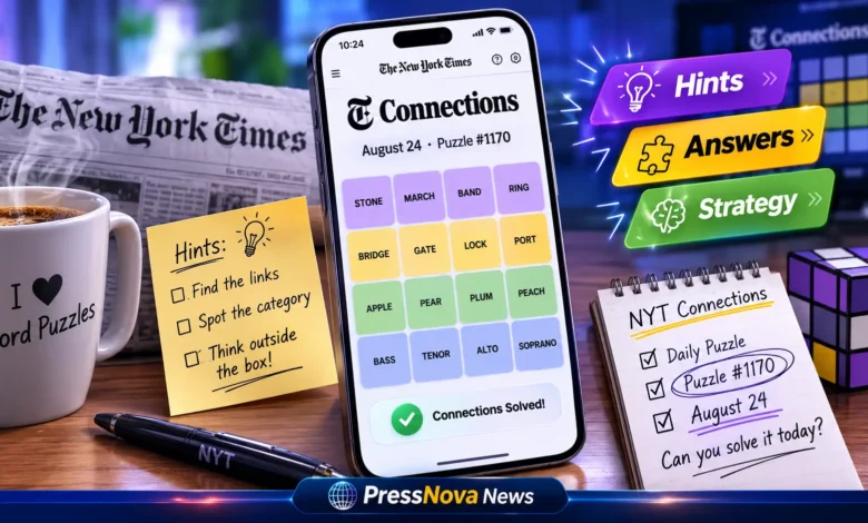 NYT Connections puzzle interface showing word grid with 16 words and color-coded categories for August 24 puzzle #1170