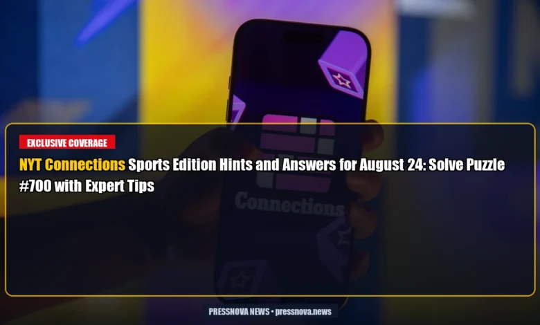 NYT Connections Sports Edition game interface showing 16-word grid for August 24 puzzle #700 with color-coded difficulty levels