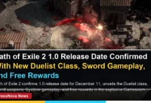 Path of Exile 2 1.0 release date announcement featuring the new Duelist class wielding a sword with Cyclone skill effects