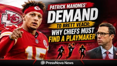 Patrick Mahomes speaking with Chiefs GM Brett Veach on the sideline during a game