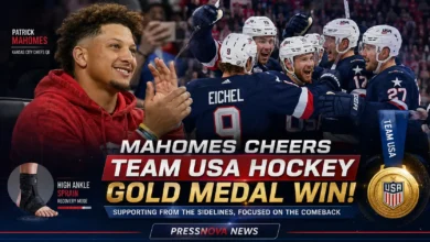 Patrick Mahomes celebrates Team USA hockey gold medal win while rehabbing high ankle sprain
