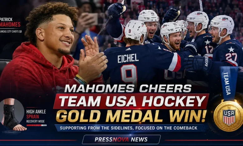 Patrick Mahomes celebrates Team USA hockey gold medal win while rehabbing high ankle sprain