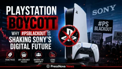 PlayStation boycott protest graphic with PSBlackout hashtag and Sony logo