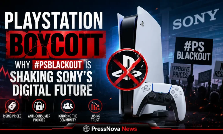 PlayStation boycott protest graphic with PSBlackout hashtag and Sony logo
