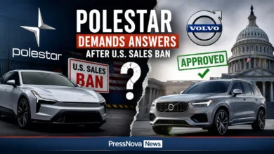 Polestar 5 sedan parked outside with modern architectural background