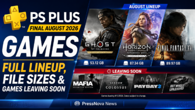 PS Plus August 2026 final game lineup featuring Dying Light 2, Metro Exodus, Two Point Museum, Hell is Us, and Umamusume Party Dash with file size info