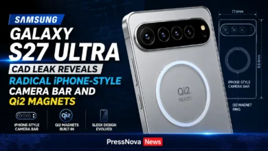 Samsung Galaxy S27 Ultra CAD render showing horizontal camera bar with Qi2 magnetic ring