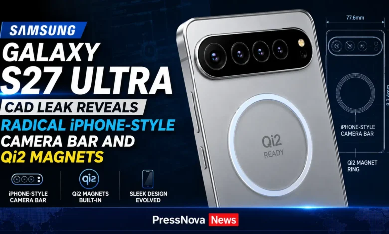Samsung Galaxy S27 Ultra CAD render showing horizontal camera bar with Qi2 magnetic ring