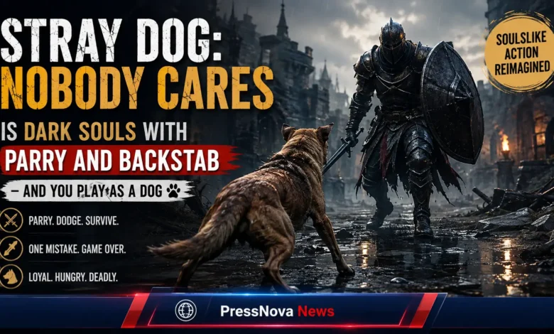 Stray Dog nobody cares gameplay showing a dog wielding a sword in its mouth in dark fantasy combat