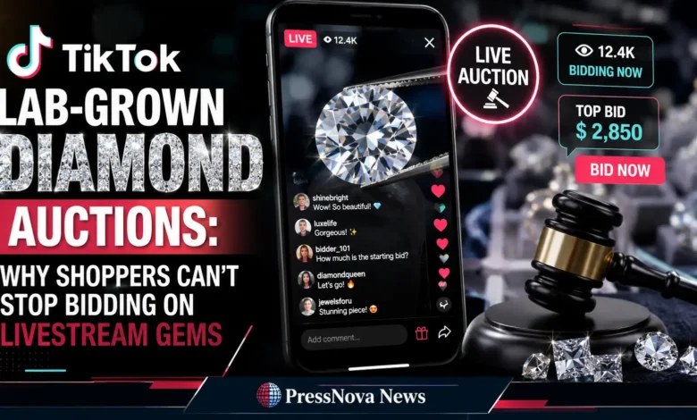 Royale Diamonds TikTok live auction showing lab-grown diamond under bright lights with bid counter on screen