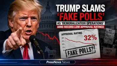 President Donald Trump speaking at a podium, battling low approval ratings and slamming fake polls as demoralization operations
