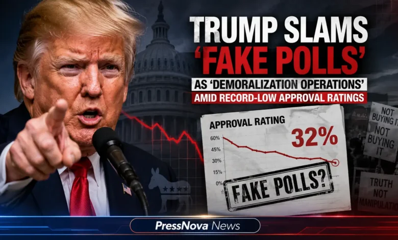 President Donald Trump speaking at a podium, battling low approval ratings and slamming fake polls as demoralization operations