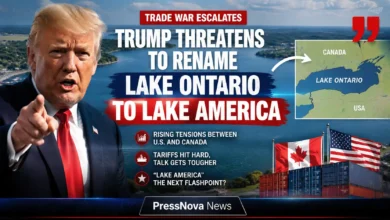 President Donald Trump threatens to rename Lake Ontario to Lake America amid US-Canada trade war escalation at White House press event