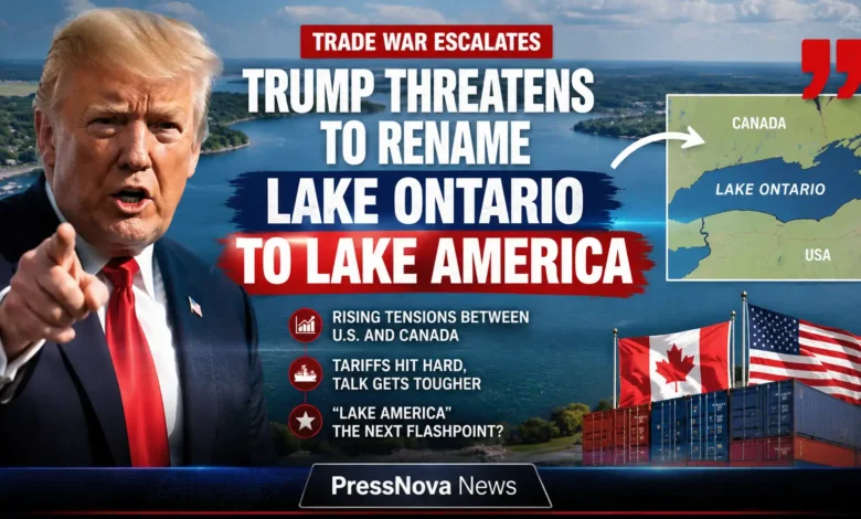 President Donald Trump threatens to rename Lake Ontario to Lake America amid US-Canada trade war escalation at White House press event