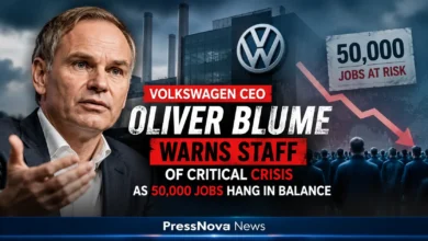 Volkswagen CEO Oliver Blume addressing employees during crisis meeting at VW headquarters
