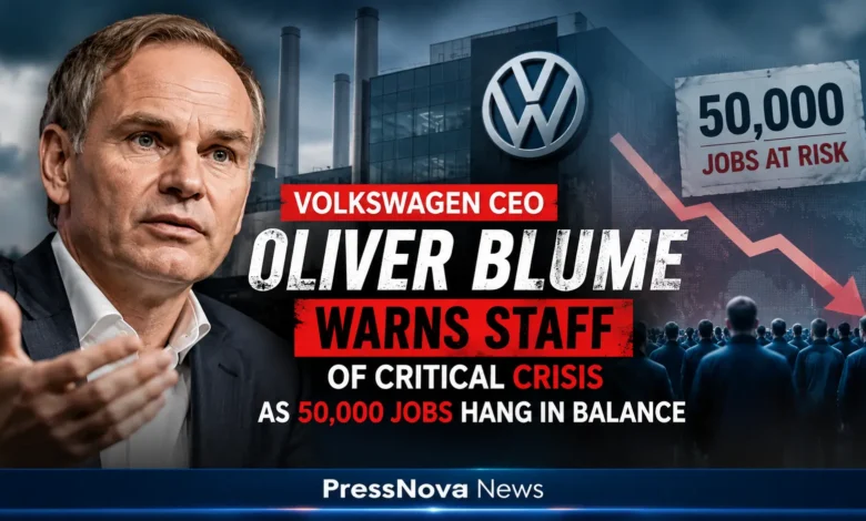 Volkswagen CEO Oliver Blume addressing employees during crisis meeting at VW headquarters