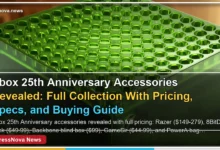 Xbox 25th Anniversary accessories collection featuring translucent green controllers and Razer peripherals with pricing labels