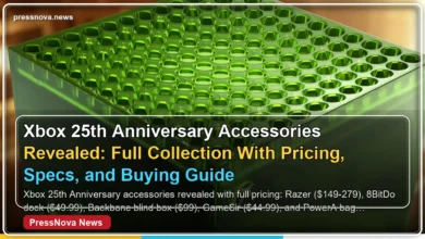 Xbox 25th Anniversary accessories collection featuring translucent green controllers and Razer peripherals with pricing labels