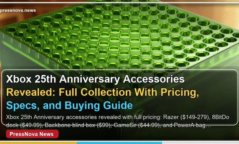 Xbox 25th Anniversary accessories collection featuring translucent green controllers and Razer peripherals with pricing labels